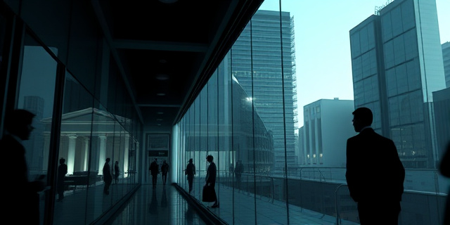 Una escena urbana en la que una oficina gubernamental y una pequeña empresa familiar se cruzan sobre un pasillo de cristal, con sombras de documentos y contratos flotando alrededor, estilo realista con tonos oscuros y luces reflejadas en el vidrio, sin caras humanas, solo siluetas y objetos de oficina.