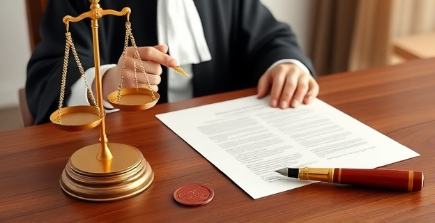 Un juez en un estrado con una balanza y un bolígrafo en la mano, mientras un documento con un sello judicial y una pluma estilográfica reposan sobre la mesa.