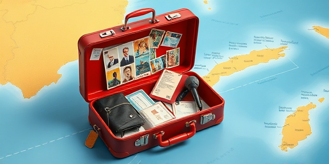 Ilustración satírica de una maleta de lujo abierta sobre un mapa de las Islas Baleares. Dentro de la maleta, en lugar de ropa, hay sellos oficiales del gobierno, billetes de avión y un micrófono de campaña. Estilo editorial de revista, colores vibrantes, atmósfera de ironía política.