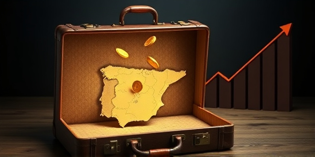 Una ilustración conceptual y satírica. Una maleta de cuero antigua abierta sobre un mapa de España, pero la maleta está casi vacía, con solo unas pocas monedas doradas flotando hacia afuera. Al fondo, una gráfica de líneas descendente que se transforma en un tobogán. Estilo editorial de revista económica, colores sobrios con contrastos fuertes, luz dramática.