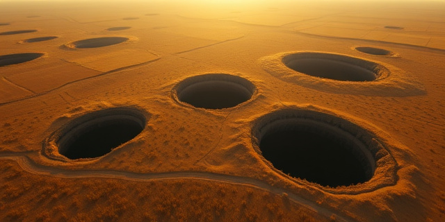 Una vista aérea cinematográfica y surrealista de un campo de cultivo dorado en Anatolia, Turquía, interrumpido por enormes y profundos agujeros negros circulares que parecen perforaciones perfectas en la tierra. El contraste entre la vegetación seca y el vacío oscuro de los sumideros, estilo fotografía documental de National Geographic, luz de atardecer dramática, atmósfera de desolación ambiental.