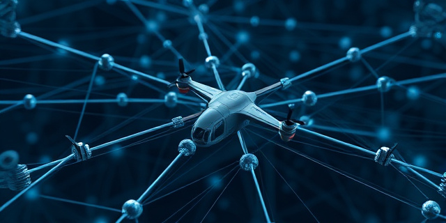Representación abstracta de una red de satélites interconectados con un dron kamikaze en miniatura volando a través de ella. Colores fríos y metálicos. Estilo futurista y ligeramente distópico. Iluminación dramática con sombras marcadas.