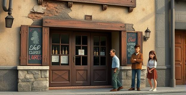 Un bar cerrado con una fachada deteriorada y una familia en el exterior con expresiones de tristeza y preocupación