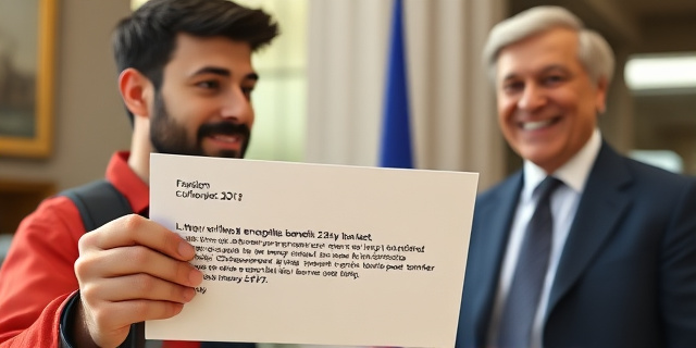 Un trabajador extranjero recibe una carta con la notificación de que va a recibir el paro después de 22 semanas de cotización, mientras que un político europeo sonríe al fondo.