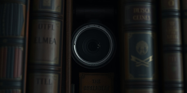 Una imagen conceptual y satírica. Un primer plano de una estantería de libros antigua y polvorienta donde, entre dos tomos gruesos, asoma el lente de una cámara de seguridad moderna y fría. La iluminación es dramática, con sombras profundas, sugiriendo un ambiente de secreto y traición. Estilo cinematográfico, alta resolución, atmósfera opresiva.