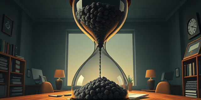 Una ilustración conceptual y satírica. Un reloj de arena gigante donde la parte superior es un calendario de tres días muy pesados y oscuros, y la parte inferior es una vejez infinita representada por un bastón y un reloj que marca los 75 años. Estilo editorial de revista económica, colores contrastados, atmósfera de oficina surrealista.