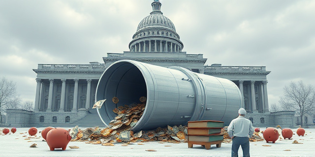 Una ilustración conceptual y satírica. Un enorme edificio gubernamental gris y frío que tiene una aspiradora gigante succionando monedas y billetes pequeños desde alcancías de cerdito rotas y viejos libros de ahorros polvorientos. Estilo editorial de revista, colores contrastados, atmósfera de ironía burocrática.