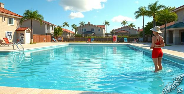 Imagen de una piscina vacía con un letrero de cerrado y personas preocupadas al fondo