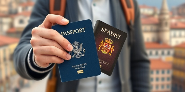 Una imagen de una persona con un pasaporte y un visado, con un fondo de una ciudad española