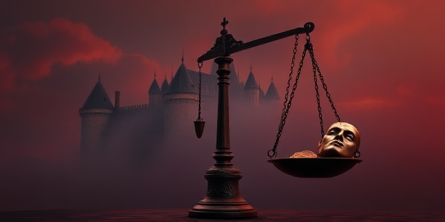Una pintura al óleo oscura y dramática de estilo barroco que muestra un castillo medieval francés envuelto en niebla. En primer plano, una balanza antigua donde en un plato hay monedas de oro y en el otro una máscara trágica rota, simbolizando la riqueza y la depravación. Atmósfera opresiva, colores saturados en rojos profundos y negros.