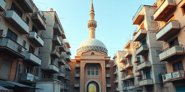 Una ilustración conceptual que contraste la arquitectura de un minarete estilizado y moderno con el entorno urbano degradado de un barrio marginal. El estilo debe ser periodístico, con colores saturados, mostrando la tensión entre la opulencia de la construcción religiosa y la pobreza del entorno social, evitando rostros humanos específicos.