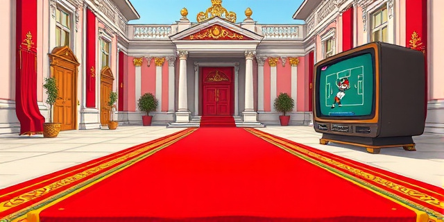 Una ilustración satírica de un lujoso palacio gubernamental con una alfombra roja vacía y extendida hacia la calle. En el fondo, un televisor antiguo muestra un partido de fútbol. Estilo de caricatura editorial de periódico, colores vibrantes pero con un aire cínico, enfoque en la soledad del protocolo frente a la indiferencia del éxito deportivo.