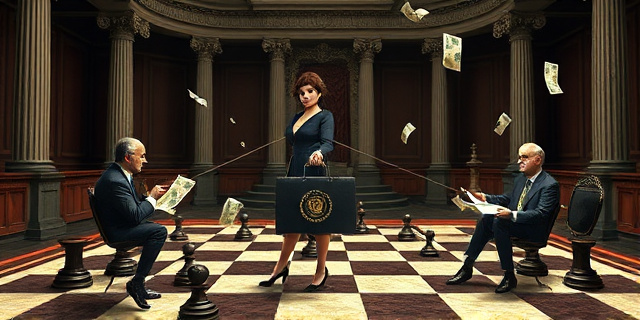 Una ilustración conceptual de estilo editorial satírico. Se ve una figura femenina elegante con un maletín que tiene el escudo del Estado, actuando como un puente o un hilo que conecta a varios políticos en un tablero de ajedrez surrealista. El fondo es un juzgado clásico con columnas, pero los papeles vuelan como si fueran billetes de banco. Colores sobrios con toques de rojo y dorado, atmósfera de intriga política.