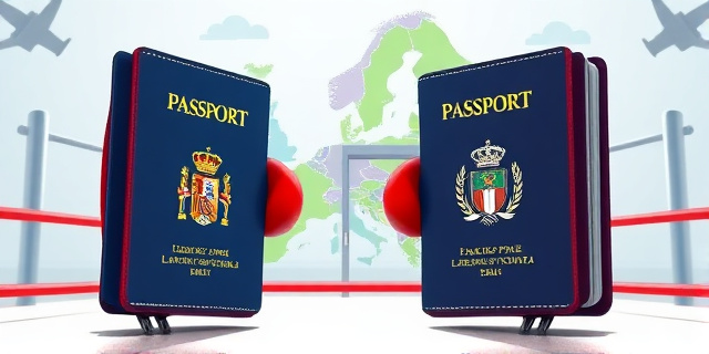 Una ilustración conceptual y satírica. Dos pasaportes gigantes enfrentados como si fueran boxeadores en un ring, uno con los colores de la bandera de España y otro con los de Italia. De fondo, una puerta de aeropuerto entreabierta y el mapa de Europa difuminado. Estilo artístico de caricatura editorial moderna, colores vibrantes, sin rostros humanos.