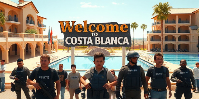 
  Una imagen surrealista de un complejo hotelero de lujo en la costa mediterránea, con arquitectura colonial y piscinas vacías. En la entrada principal, un grupo de personas con ropa sencilla bloquea el acceso, mientras agentes de seguridad con chalecos y uniformes observan desde lejos. Al fondo, un cartel descolorido dice 