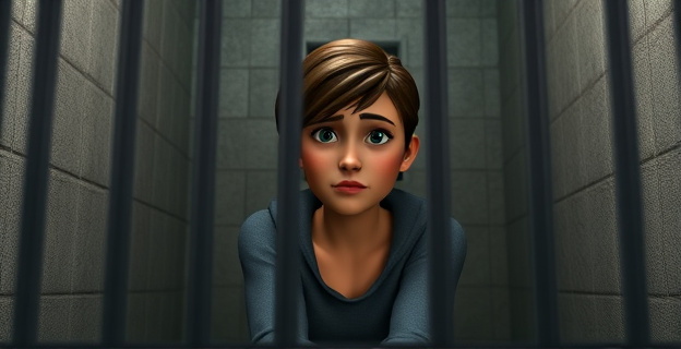 Una joven sentada en una celda de prisión, con una expresión de preocupación en su rostro. En el fondo, una pared gris con una pequeña ventana con rejas.
