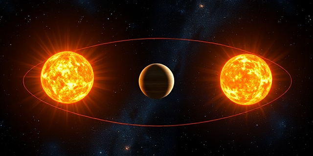 Un sistema estelar binario con dos soles y un planeta en órbita, rodeado de estrellas y galaxias en el fondo