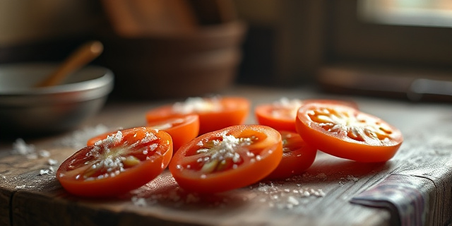 Fotografía conceptual de una mesa rústica con rodajas de tomate en diferentes estados de salazón, iluminadas por una luz suave y cálida. El fondo debe ser difuminado, con colores terrosos y una atmósfera que evoque la cocina tradicional y el cuidado en la preparación de los alimentos. No incluir rostros ni elementos modernos.