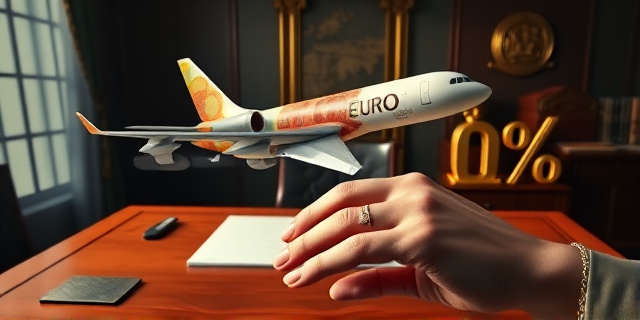 Una ilustración conceptual al estilo editorial de periódico. Un avión comercial de lujo hecho de billetes de euro, aterrizando sobre un escritorio de madera antigua de oficina gubernamental. Al lado, una mano con un anillo dorado sostiene un porcentaje (%) tallado en oro. Fondo con sombras de columnas griegas y sellos oficiales, atmósfera de cinismo y poder, colores sobrios y contrastados.
