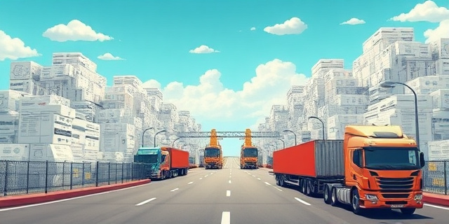 Una ilustración conceptual y satírica que muestra una frontera abierta sin vallas, pero donde los camiones de carga están atrapados por montañas gigantescas de formularios de papel y sellos burocráticos que bloquean el camino. Estilo editorial moderno, colores contrastados, atmósfera de caos administrativo.