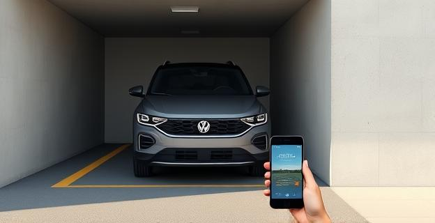 Imagen de un Volkswagen T-Roc aparcando solo en un garaje estrecho con un teléfono móvil cerca, mostrando su tecnología de aparcamiento remoto