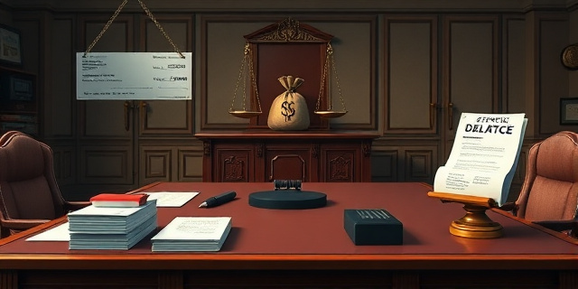 Una ilustración satírica de estilo editorial. Una mesa de Consejo de Ministros donde los documentos oficiales son sustituidos por borradores de cheques y gomas de borrar gigantes que eliminan palabras de sentencias judiciales. En el fondo, una balanza de la justicia desequilibrada con un saco de monedas en un lado y un papel que dice 