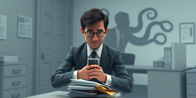 Una ilustración conceptual y satírica de una oficina gubernamental gris y fría. En primer plano, un funcionario asustado sostiene una grabadora oculta bajo un montón de papeles. Detrás de él, una figura borrosa de un jefe en traje susurra al oído del funcionario, mientras que la sombra del jefe se proyecta en la pared como un pulpo que intenta borrar huellas digitales de un escritorio. Estilo editorial moderno, colores desaturados con un toque de amarillo cian.