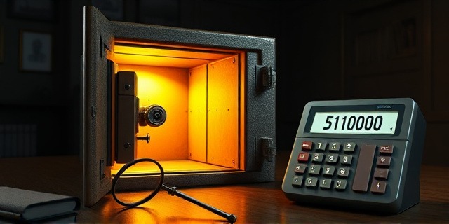 Una ilustración conceptual y satírica. Un primer plano de una caja fuerte antigua y abierta de la que emana un brillo dorado cegador. Al lado, una lupa de detective y una calculadora vieja que marca cifras millonarias. El fondo es un despacho oscuro con aire institucional, con sombras que sugieren el peso de la burocracia y la justicia, estilo editorial de revista política.