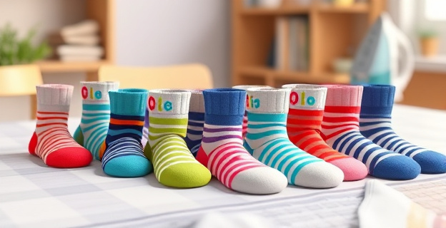Una escena doméstica con varios pares de calcetines infantiles sobre una mesa, algunos con etiquetas coloridas pegadas, y una plancha de ropa en el fondo.