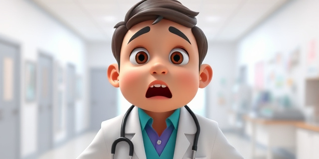 Una pediatra con bata blanca y cara de sorpresa, con un fondo de un centro de salud