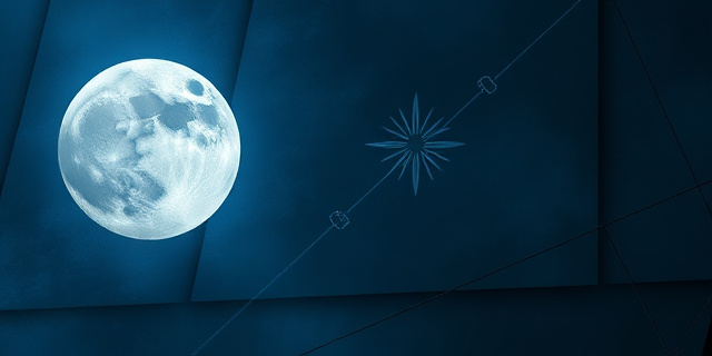 Una composición abstracta en tonos azul índigo y plateado, representando una luna llena con sutiles texturas que evocan el paso del tiempo y la influencia de la luna en las culturas antiguas. Incluir elementos geométricos que sugieran calendarios y patrones celestes. Estilo pictórico impresionista con pinceladas suaves y difuminadas.