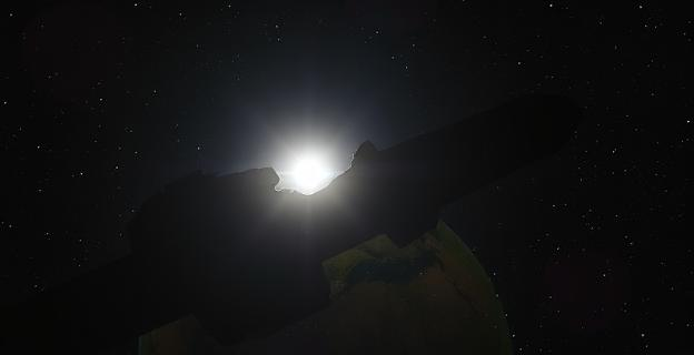 Imagen de una nave espacial masiva acercándose a la Tierra, con un fondo de cielo nocturno estrellado y la silueta de nuestro planeta iluminada parcialmente por el sol