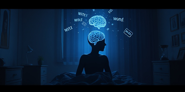 Una habitación tenue con luces suaves, una cama desordenada, una silueta humana recubierta de sombras, ondas de sonido flotantes que emergen de la cabeza, representando palabras etéreas, un reloj de arena transparente y un cerebro estilizado saliendo de la cabeza, todo en tonos azules y grises.