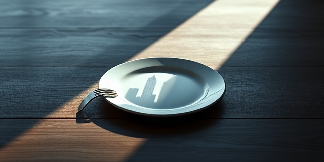Una imagen conceptual y minimalista que muestre un plato de comida vacío sobre una mesa de madera desgastada, donde la sombra del plato proyecta la silueta de un rascacielos moderno y lujoso. Estilo cinematográfico, tonos fríos y desaturados, iluminación dramática lateral.