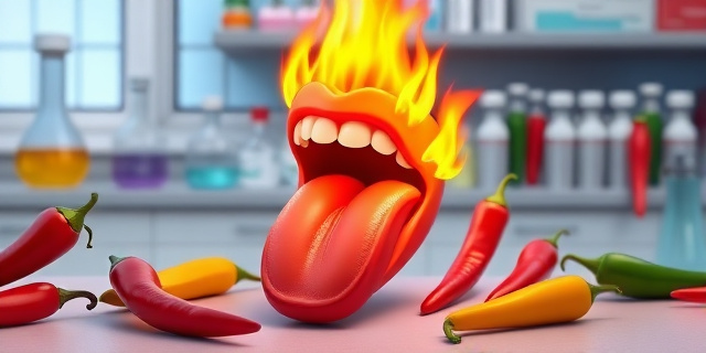Una ilustración que muestra una lengua con receptores nerviosos activándose como si fueran llamas, rodeada de pimientos de distintos colores y tamaños, con un fondo de laboratorio de química