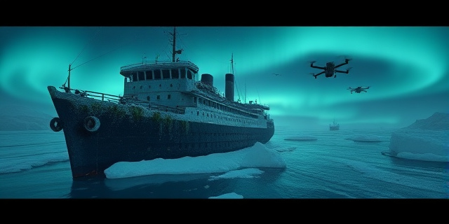 Una escena sumergida en el glaciar del Ártico: el casco de un barco de vapor antiguo cubierto de hielo cristalino y musgo, con remolques de buques de investigación acercándose con drones subacuáticos. La luz tenue de la aurora polar filtra en el agua, resaltando restos de muebles y un rastro de sedimento que cubre la nave como una manta de polvo.