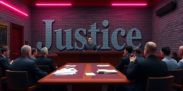 Un tribunal con luces de neón, gente sentada, una mesa de madera con papeles dispersos y un juez con bata negra que sostiene un expediente abierto; el fondo muestra una pared de ladrillos con la palabra ‘Justicia’ pintada en colores grises, todo en estilo urbano y sin rostros.