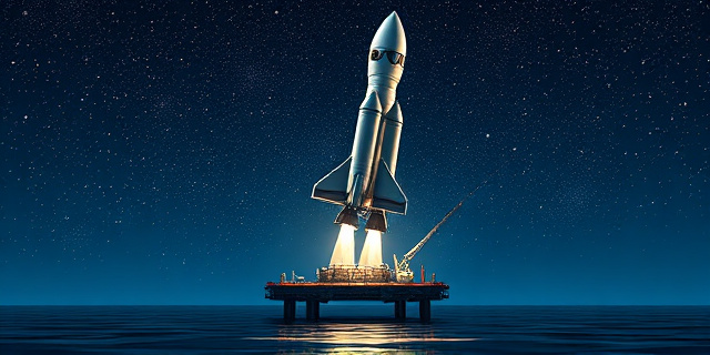 Una ilustración satírica de estilo editorial. Un cielo nocturno donde las estrellas han sido reemplazadas por miles de pequeños satélites metálicos organizados como una cuadrícula de Excel. En la parte inferior, un cohete reutilizable aterrizando en una plataforma flotante en el océano, con un estilo visual que mezcla el realismo técnico con la ironía de una línea de ensamblaje industrial.