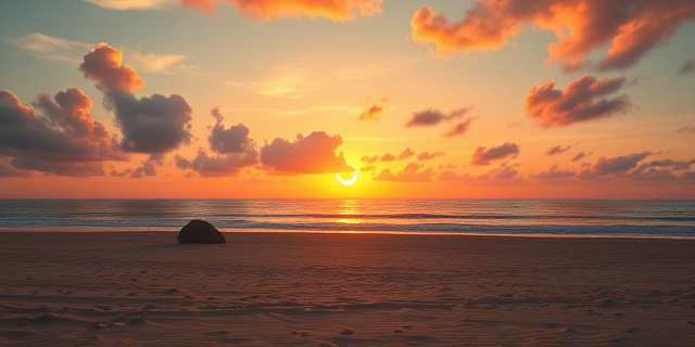Una playa española al atardecer, con una atmósfera onírica y un eclipse solar parcial visible en el horizonte. El cielo debe estar lleno de colores cálidos y la playa vacía, con solo unas pocas rocas y vegetación baja. Estilo pictórico, con pinceladas sueltas y una paleta de colores vibrantes.