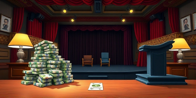 Una ilustración satírica estilo caricatura editorial. Un escritorio de oficina lujoso y vacío con una montaña de billetes de euros que crece sola, mientras que en el fondo se ve un escenario de teatro oscuro y desierto con un solo ticket de entrada en el suelo. Colores contrastados, atmósfera de ironía burocrática.