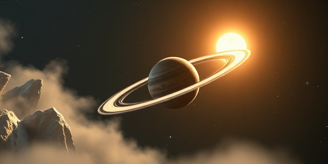 Un planeta pequeño orbitando a un sol distante, con una luna grande a su lado. Alrededor, una nube de polvo cósmico y restos de hielo, como si fuera una escena de una vieja película de ciencia ficción. Todo en tonos fríos y brillantes.