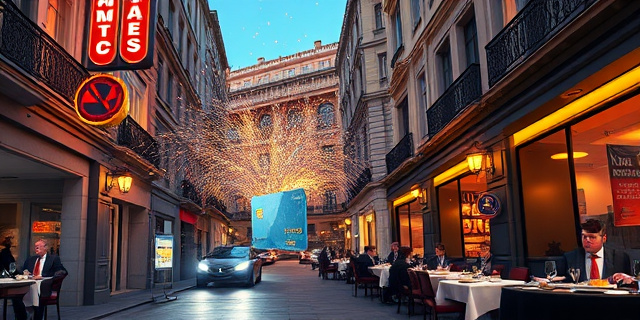Una calle concurrida de Madrid, con un carrusel de luces de neón, donde una tarjeta de crédito gigante flotante emite chispas de dinero mientras personas en disfraces de políticos y empresarios se sirven cenas ostentosas en restaurantes de lujo.