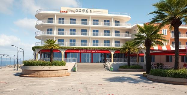 Imagen de un hotel en la Costa Brava con indicaciones de disturbios o vandalismo en las inmediaciones, sin personas ni nombres propios visibles