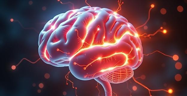 Imagen de un cerebro humano con luces brillantes y conexiones neuronales resaltadas, simbolizando una actividad mental intensa y rápida.