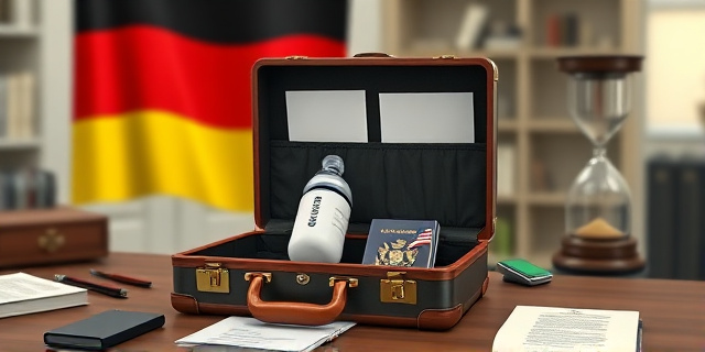 Una ilustración conceptual y satírica. Un maletín diplomático alemán abierto sobre una mesa de oficina lujosa, y dentro del maletín, en lugar de documentos, hay un biberón y un pasaporte de Estados Unidos. De fondo, una bandera alemana difuminada y un reloj de arena que se agota. Estilo de caricatura editorial de periódico, colores sobrios con un toque de ironía visual.
