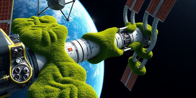 Una imagen de la Estación Espacial Internacional cubierta de musgo, con la Tierra al fondo