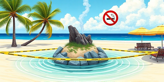 Una ilustración satírica de estilo editorial. Un cenicero gigante que parece una isla en medio de una playa paradisíaca, rodeada por cintas policiales amarillas que dicen 