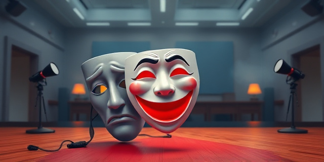 Una ilustración conceptual de estilo editorial satírico. Se muestra una máscara de teatro triste y gris cayendo al suelo, revelando detrás una máscara sonriente y burlona de colores brillantes. El fondo es una oficina gubernamental abstracta con micrófonos y luces de cámara, con un efecto de humo sutil sugiriendo incendios lejanos. Estilo artístico de caricatura política moderna, colores contrastados, alta definición.