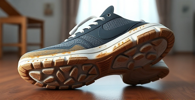 Una zapatilla con suela sucia y bacterias visibles en un entorno hogareño