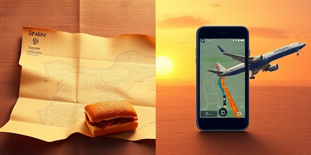 Una ilustración conceptual que divide la imagen en dos: a la izquierda, un mapa de papel antiguo, arrugado y desgastado, junto a un bocadillo de lomo y un coche clásico bajo un sol abrasador; a la derecha, la pantalla fría de un smartphone con una ruta de GPS y un avión moderno. Estilo artístico de editorial periodística, colores saturados para el pasado y tonos minimalistas y fríos para el presente.